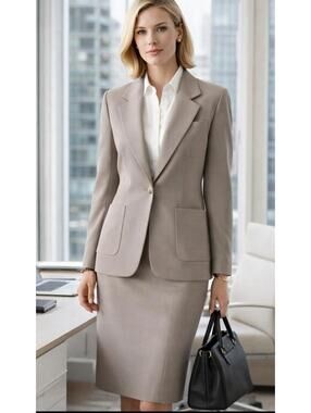 2pc Vtg Austin Reed Wool Skirt Suit Womens Sz 8 Medium Taupe Blazer Set Made USA